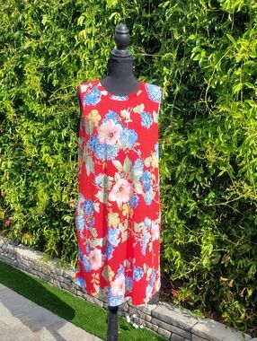 Sleeveless Red Floral Tropical Dress With Pockets L